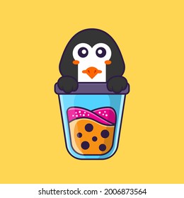 Cute penguin Drinking Boba milk tea. Animal cartoon concept isolated. Can used for t-shirt, greeting card, invitation card or mascot.