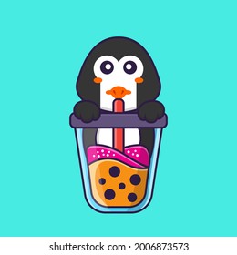 Cute penguin Drinking Boba milk tea. Animal cartoon concept isolated. Can used for t-shirt, greeting card, invitation card or mascot.