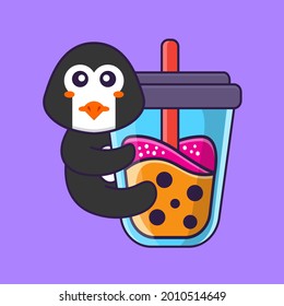 Cute penguin Drinking Boba milk tea. Animal cartoon concept isolated. Can used for t-shirt, greeting card, invitation card or mascot.