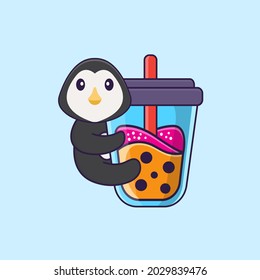 Cute penguin Drinking Boba milk tea. Animal cartoon concept isolated. Can used for t-shirt, greeting card, invitation card or mascot.