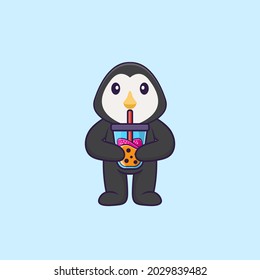 Cute penguin Drinking Boba milk tea. Animal cartoon concept isolated. Can used for t-shirt, greeting card, invitation card or mascot.