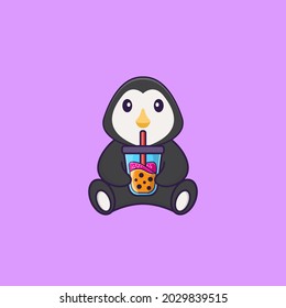 Cute penguin Drinking Boba milk tea. Animal cartoon concept isolated. Can used for t-shirt, greeting card, invitation card or mascot.