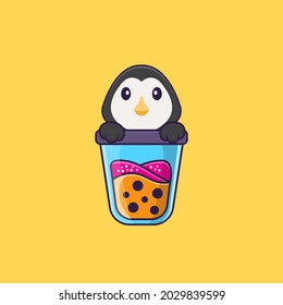 Cute penguin Drinking Boba milk tea. Animal cartoon concept isolated. Can used for t-shirt, greeting card, invitation card or mascot.