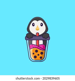 Cute penguin Drinking Boba milk tea. Animal cartoon concept isolated. Can used for t-shirt, greeting card, invitation card or mascot.