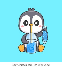 Cute Penguin Drinking Boba Milk Tea With Fish Cartoon Vector
Icon Illustration. Animal Drink Icon Concept Isolated Premium
Vector. Flat Cartoon Style