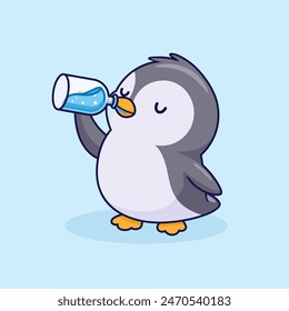 cute penguin drinking from a bottle