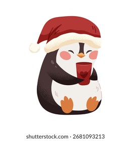 Lindo pingüino bebiendo cacao. Pingüino de invierno con sombrero de Santa sobre fondo blanco. Vector de personajes infantiles, Navidades de animales