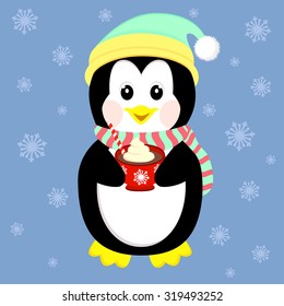 Cute penguin drinking coffee, lovely christmas illustration