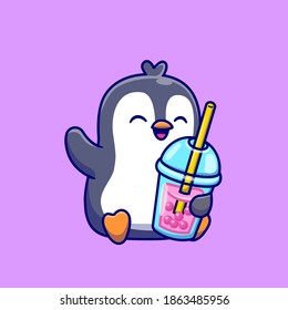 Cute Penguin Drinking Milk Tee Boba Cartoon Vektorsymbol Illustration. Animal Drink Icon Konzept isoliert Premium Vektorgrafik. Flachbildkartonstil