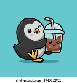 Cute penguin drinking milk tea boba cartoon.