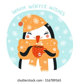 Cute penguin drinking tea or coffee. Christmas card