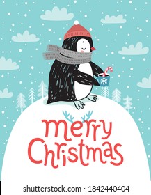 Cute penguin drinking tea. Merry Christmas card. Vector illustration.