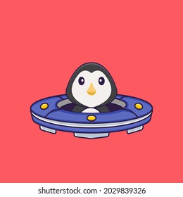 Cute penguin Driving Spaceship Ufo. Animal cartoon concept isolated. Can used for t-shirt, greeting card, invitation card or mascot.