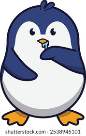 Bebedeira de pinguim bonito com as mãos em seus lábios ilustração