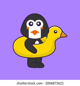 Cute penguin With Duck buoy. Animal cartoon concept isolated. Can used for t-shirt, greeting card, invitation card or mascot.