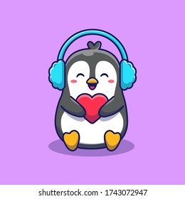 Cute Penguin With Earmuff Holding Love Vector Icon Illustration. Animal Icon Concept Isolated Premium Vector. Flat Cartoon Style 
