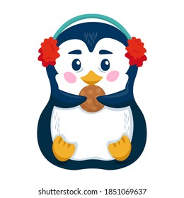 Cute penguin with earmuffs and cookie. Funny penguin cartoon character. Vector illustration.