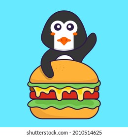 Cute penguin eating burger. Animal cartoon concept isolated. Can used for t-shirt, greeting card, invitation card or mascot.