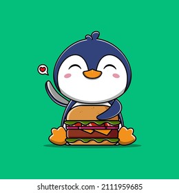 Cute penguin eating burger vector illustration