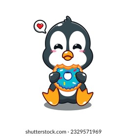 cute penguin eating donut cartoon vector illustration.
