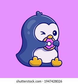 Cute Penguin Eating Doughnut Cartoon Vector Icon Illustration. Animal Food Icon Concept Isolated Premium Vector. Flat Cartoon Style