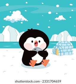 Cute penguin Eating Fish with North pole Arctic 