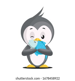 Cute Penguin Eating Fish. Vector Illustration Isolated On White Background.