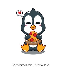 cute penguin eating pizza cartoon vector illustration.