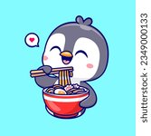 Cute Penguin Eating Ramen Noodle Cartoon Vector Icon Illustration. Animal Food Icon Concept Isolated Premium Vector. Flat Cartoon Style