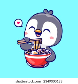 Cute Penguin Eating Ramen Noodle Cartoon Vector Icon Illustration. Animal Food Icon Concept Isolated Premium Vector. Flat Cartoon Style