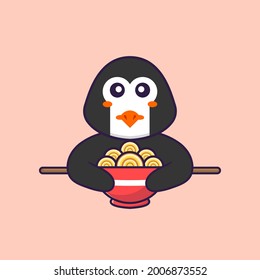 Cute penguin eating ramen noodles. Animal cartoon concept isolated. Can used for t-shirt, greeting card, invitation card or mascot.