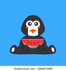 Cute penguin eating watermelon. Animal cartoon concept isolated. Can used for t-shirt, greeting card, invitation card or mascot.