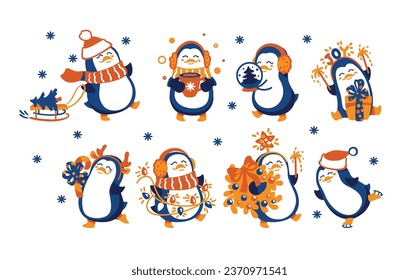 Cute penguin enjoying the Christmas routine. Vector.