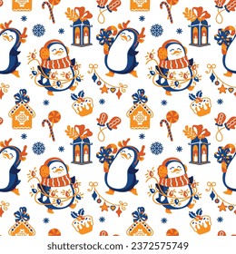 Cute penguin enjoying the Christmas routine. Seamless pattern. Vector.