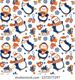 Cute penguin enjoying the Christmas routine.  Winter print. Seamless pattern. Vector.