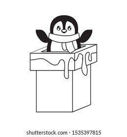 cute penguin entering the chimney on white background