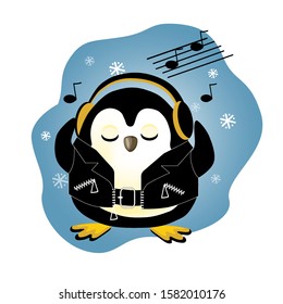 Cute penguin and eyes closed listens to music in headphones   wears leather black jacket  Winter background and snowflakes  flat vector illustration for winter holidays  greeting cards   decor