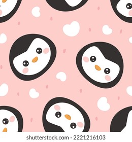 cute penguin face flying with hearts, kids fabric and textile pastel girly pink print. valentines adorable wrapping paper simple flat vector design.