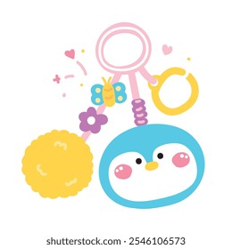 Cute penguin face head keychain bag with bead and furry ball.Butterfly,flower,heart.Polar bird animal cartoon.Image for card,sticker,decoration item.Kawaii.Vector.Illustration.