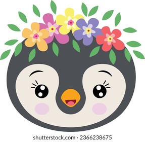 Cute penguin face with wreath floral on head