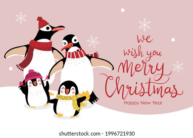 Cute penguin family and baby in winter costume vector. Merry Christmas and happy holidays greeting card. Wildlife animal cartoon character. 