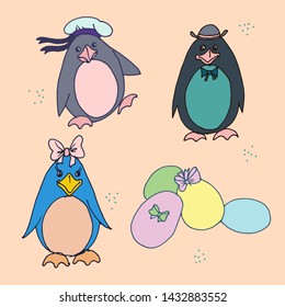Cute penguin family flat hand drawn vector color characters set. Cute and playful penguins walk. Isolated cartoon illustrations