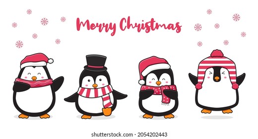 Cute penguin family greeting merry christmas cartoon doodle card background illustration design flat cartoon style