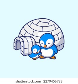 Cute Penguin Family With Igloo Cartoon Vector Icon Illustration. Animal Nature Icon Concept Isolated Premium Vector. Flat Cartoon Style