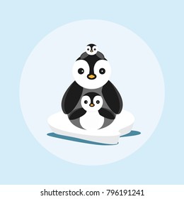 Cute penguin family on ice floe. Vector images in cartoon style