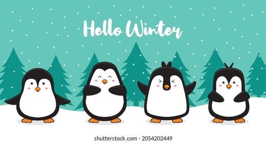 Cute penguin family with snow greeting hello winter cartoon doodle card background illustration design flat cartoon style