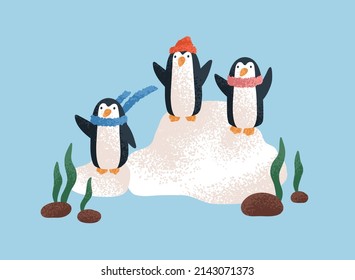 Cute penguin family in winter. Funny baby characters at North pole. Childish nursery animals, birds in scarf, hat greeting smb on snowdrift. Fairytale Antarctica. Childrens flat vector illustration