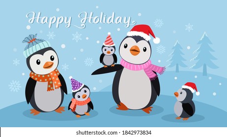 Cute penguin family in winter with text happy holiday. Christmas concept.