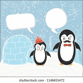 Cute penguin father and son in front of house with blue background at winter.