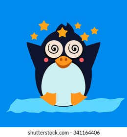 Cute Penguin Feeling Dizzy. Flat Vector Illustration